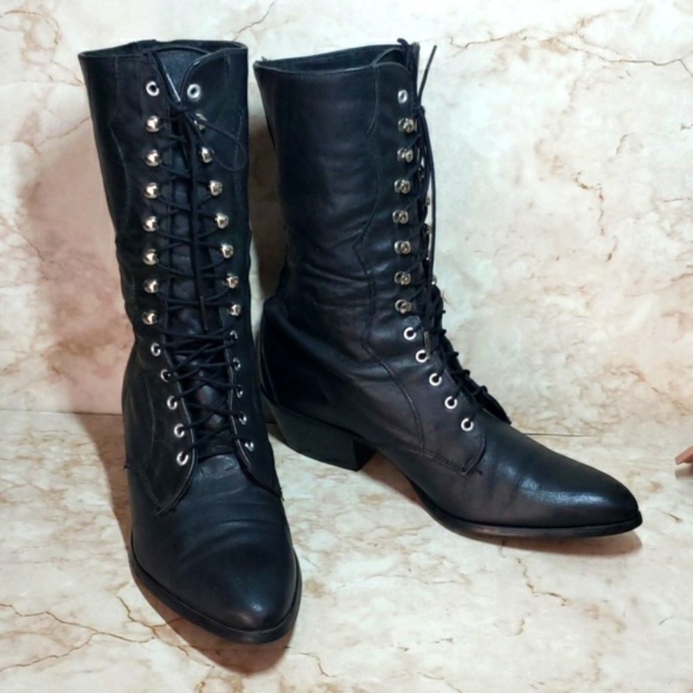 Black Lace-Up Leather Boots